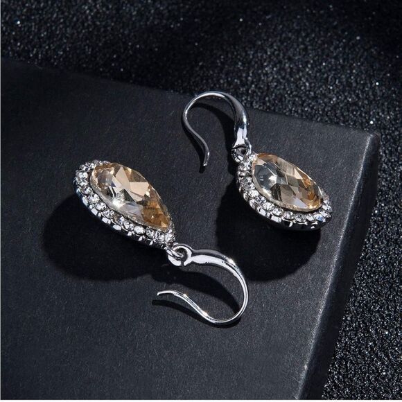 14K White Gold with Champagne Topaz Austrian Crystal Teardrop Halo Hook Earrings - Picture 3 of 6